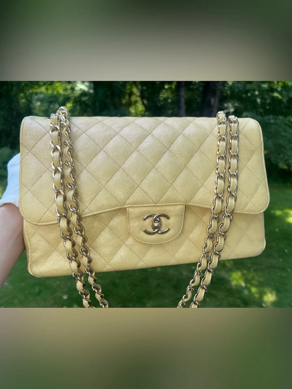 CHANEL 19S Jumbo Double Flap Quilted Caviar Handbag Iridescent Yellow / LGHW